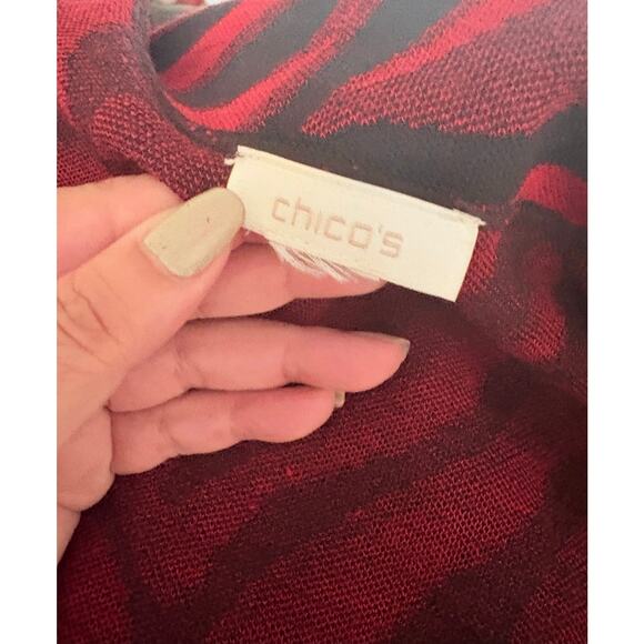 Chico's Red Black Animal Print Fringe Cardigan Open Front Sweater Jacket Size L - Picture 5 of 5